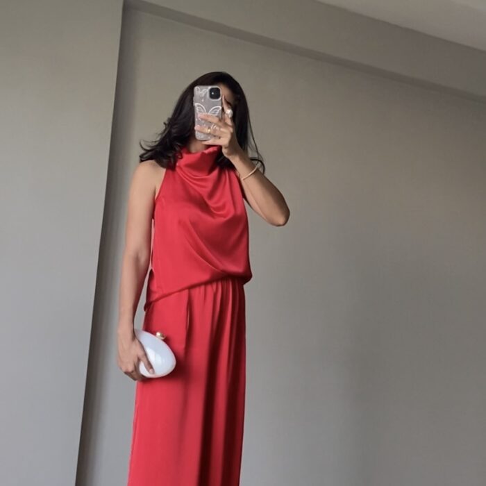 KIRMIZI DRAPELİ HALTER YAKA PANTOLON TAKIM